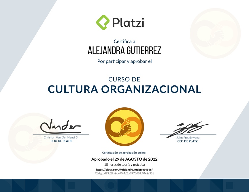 Diploma del Curso de Cultura Organizacional para Diagnosticar y Potenciar el Desarrollo de tu Empresa