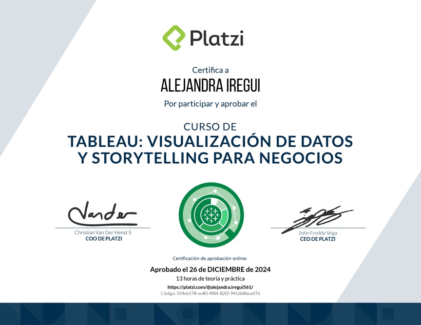 Diploma del Curso de Tableau: Visualización de Datos y Storytelling para Negocios