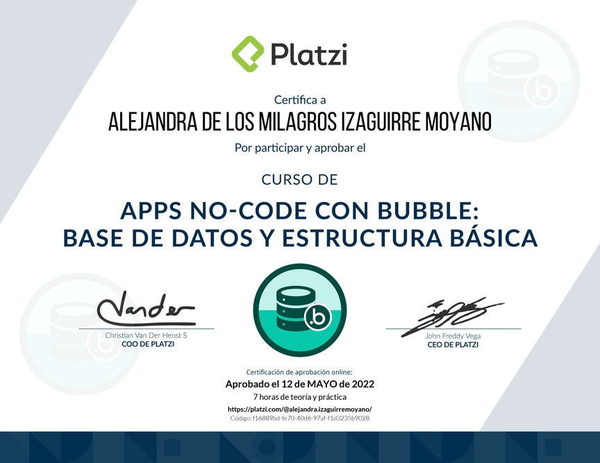 Diploma del Curso de Apps No-code con Bubble: Base de Datos y Estructura Básica