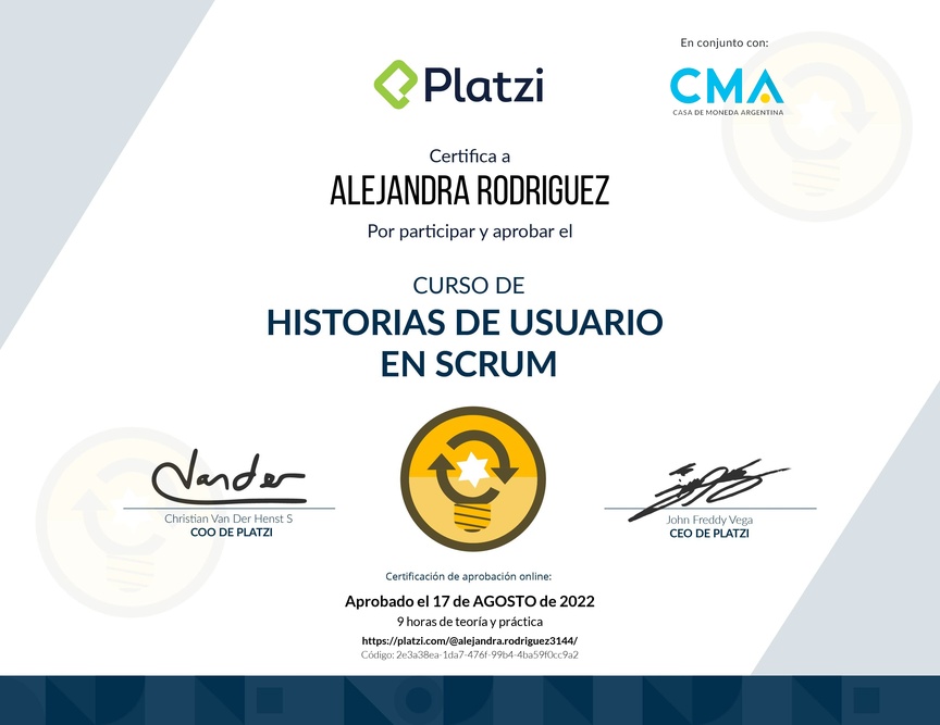 Diploma del Curso de Historias de Usuario en Scrum