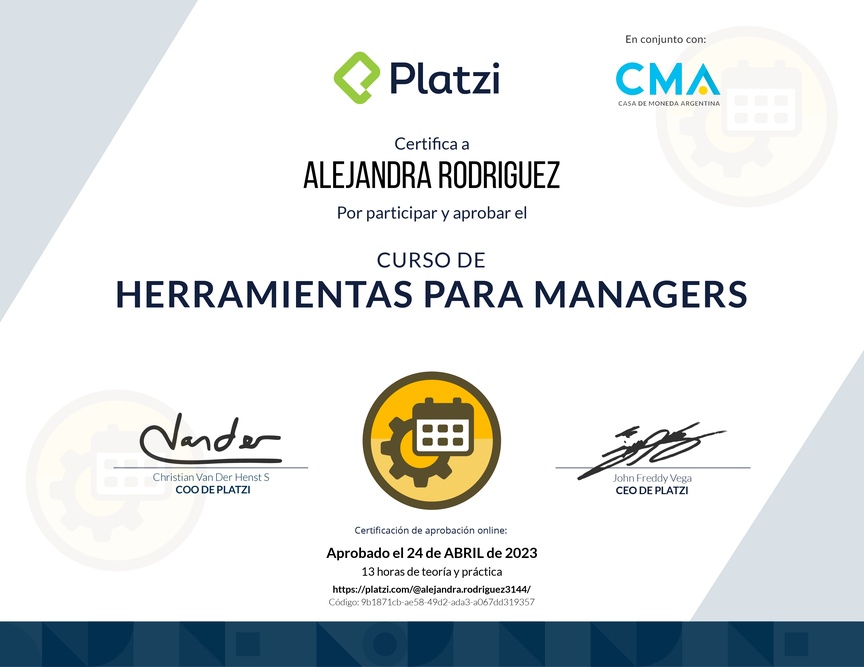 Diploma del Curso de Herramientas para Managers