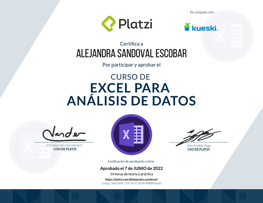 Diploma del Curso de Excel para el Análisis de Datos