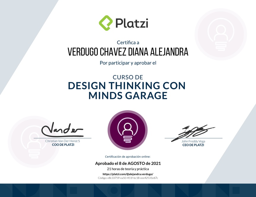 Diploma del Curso de Design Thinking con Minds Garage
