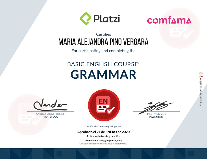 Diploma del Curso de Inglés Básico: Gramática 2018