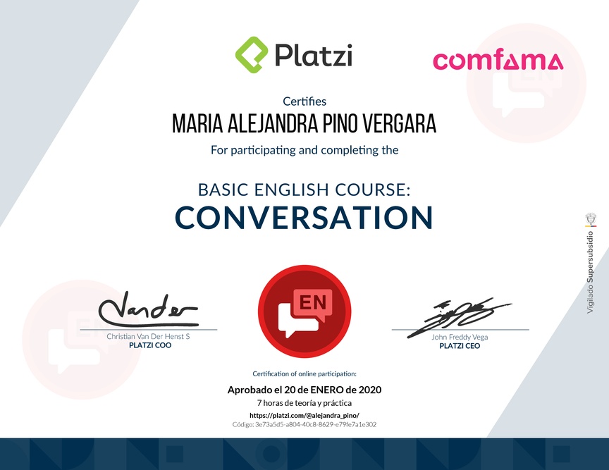 Diploma del Curso de Inglés Básico: Conversación 2018