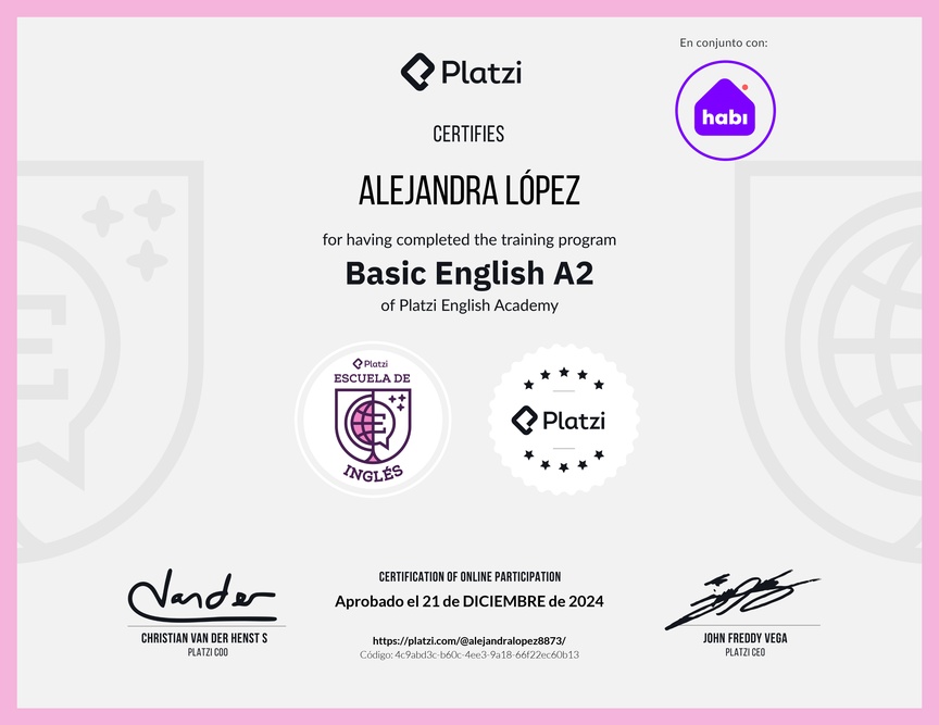 Diploma de la Ruta de Aprendizaje de Inglés Básico A2