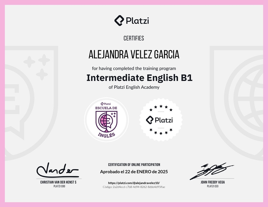 Diploma de la Ruta de Aprendizaje de Inglés Intermedio B1