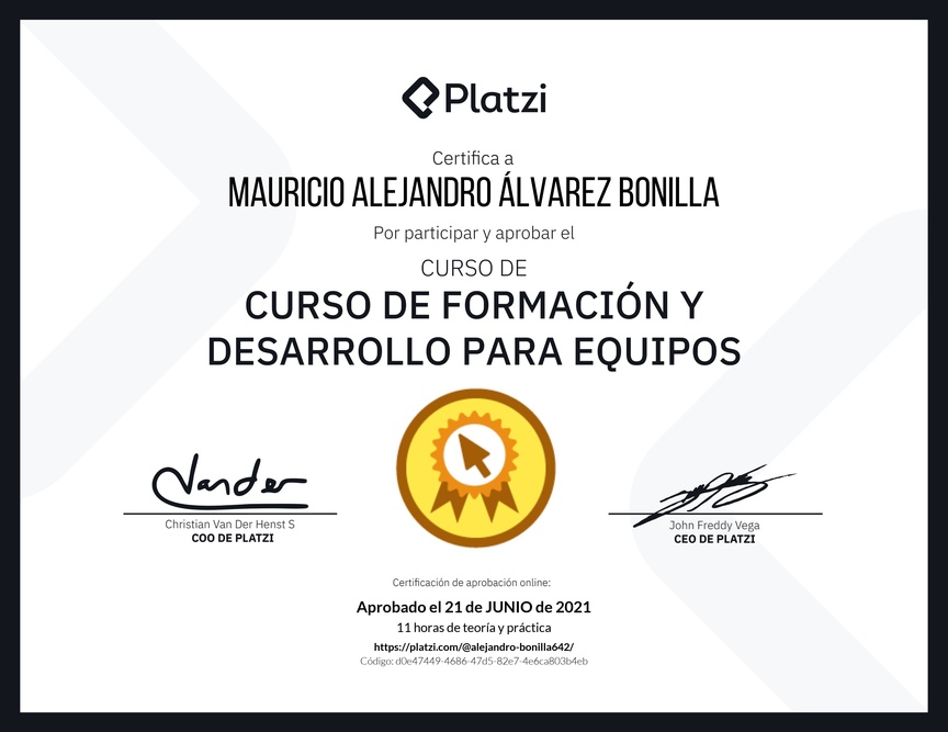 Diploma del Curso de Formación y Desarrollo para Equipos