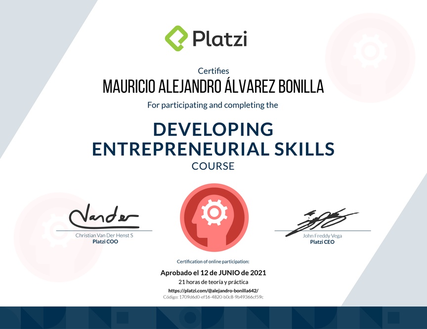 Diploma del Curso de Innovación para Emprendimiento