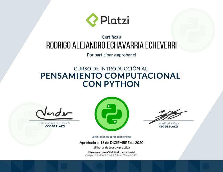 Diploma del Curso de Introducción al Pensamiento Computacional con Python