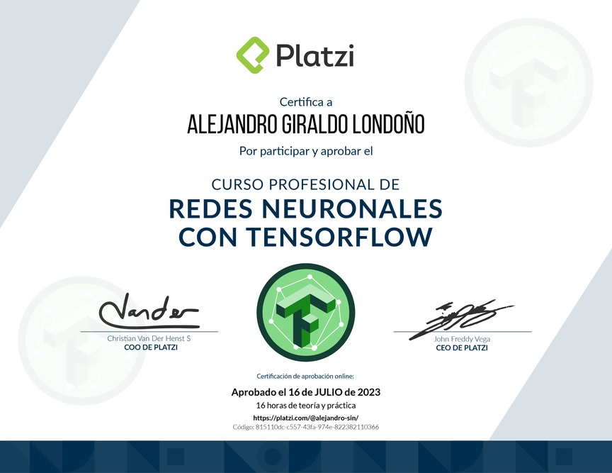 Diploma del Curso Profesional de Redes Neuronales con TensorFlow