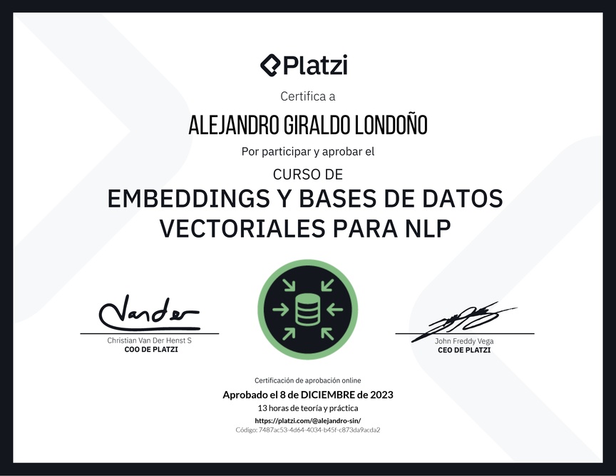 Diploma del Curso de Embeddings y Bases de Datos Vectoriales para NLP