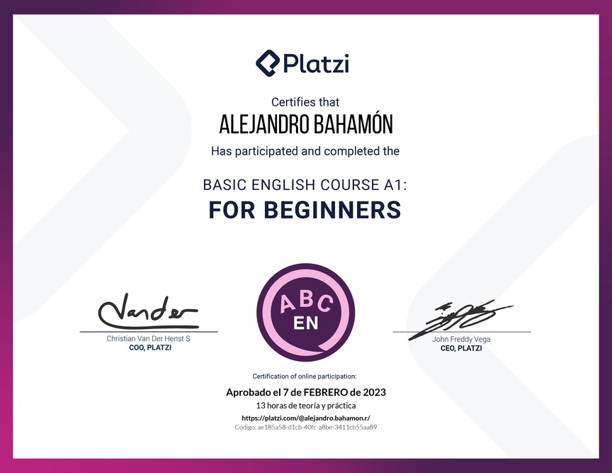 Diploma del Curso de Inglés Básico para Principiantes - (2022)