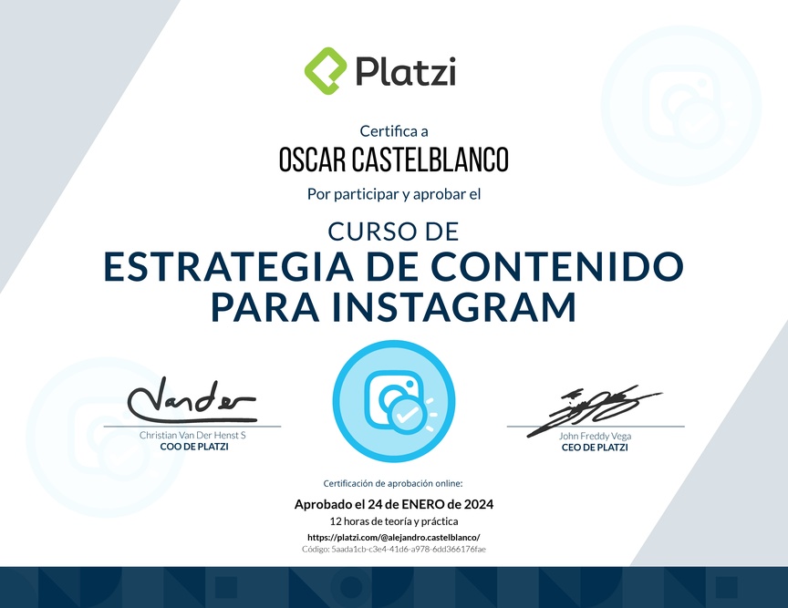 Diploma del Curso de Estrategia de Contenido para Instagram