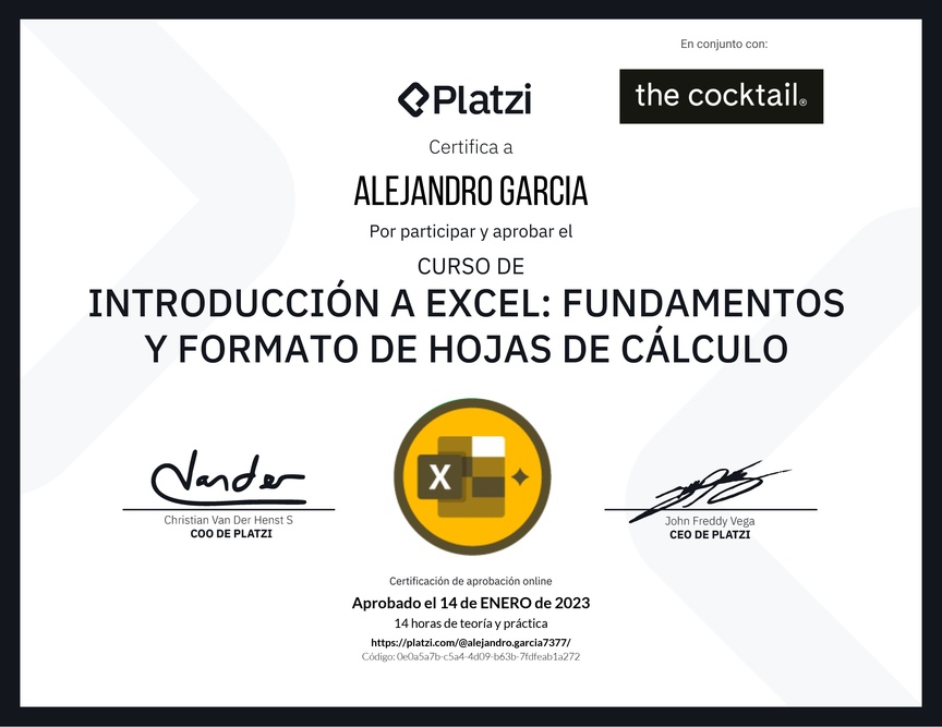 Diploma del Curso de Introducción a Excel para Principiantes: Fundamentos y Formato de Hojas de Cálculo