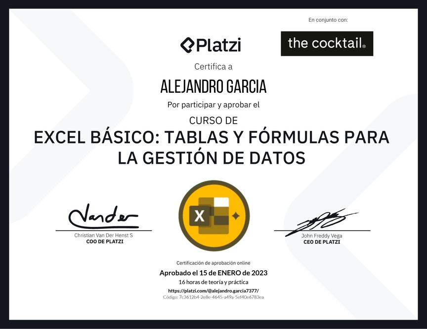 Diploma del Curso de Excel Básico: Tablas y Fórmulas para la Gestión de Datos