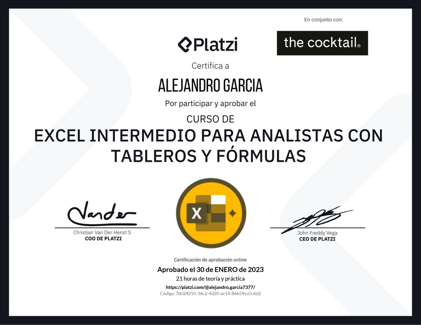 Diploma del Curso de Excel Intermedio para Analistas con Tableros y Fórmulas