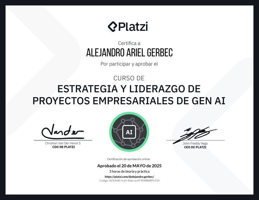 Diploma del Curso de Estrategia y Liderazgo de Proyectos Empresariales de Gen AI