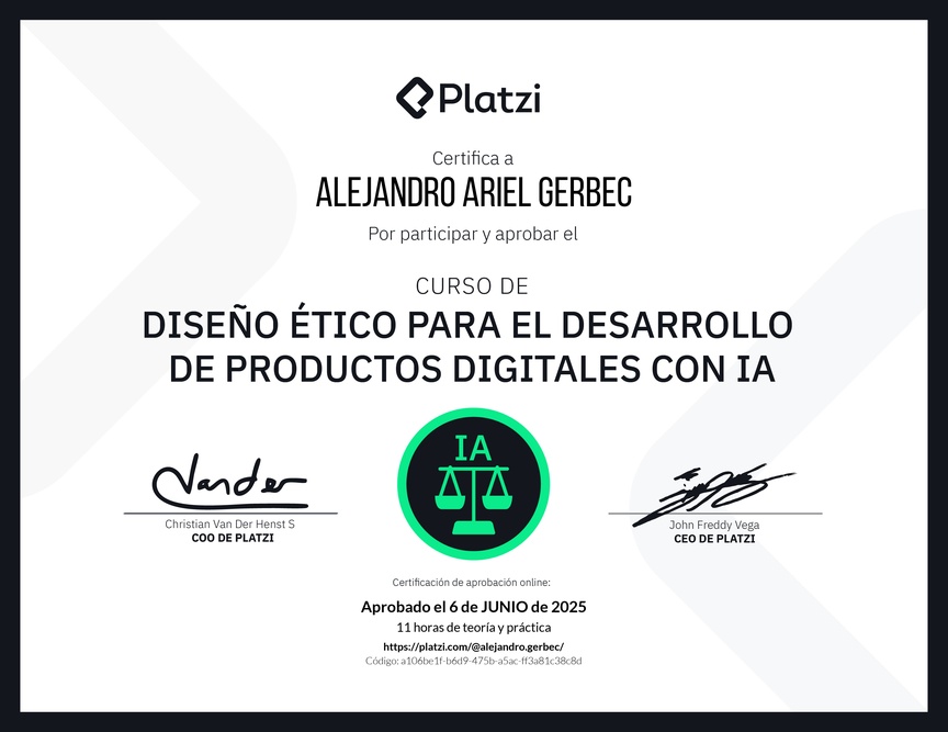 Diploma del Curso de Diseño Ético para el Desarrollo de Productos Digitales con IA