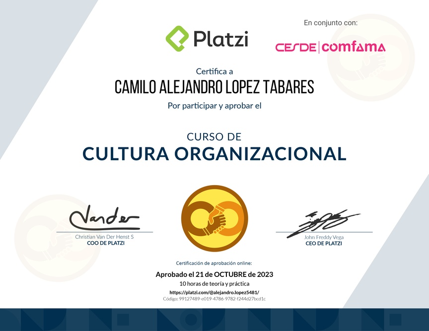Diploma del Curso de Cultura Organizacional para Diagnosticar y Potenciar el Desarrollo de tu Empresa