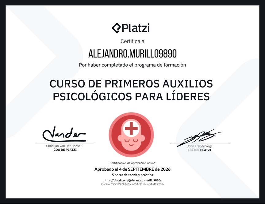 Diploma del Curso de Primeros Auxilios Psicológicos para Líderes
