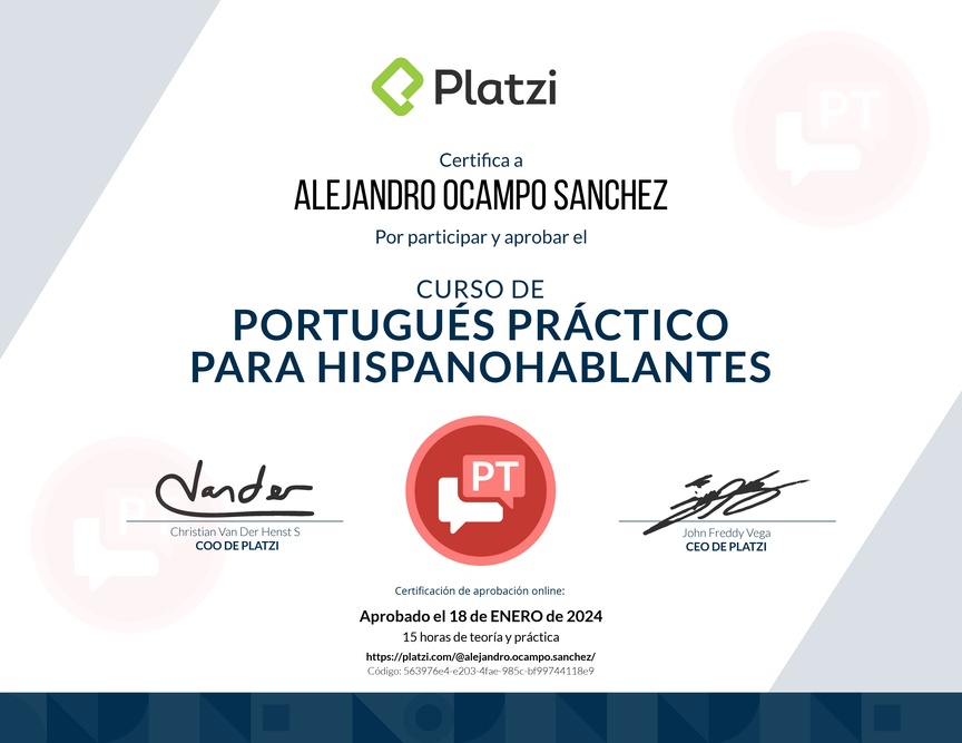 Diploma del Curso Práctico de Portugués para Hispanohablantes