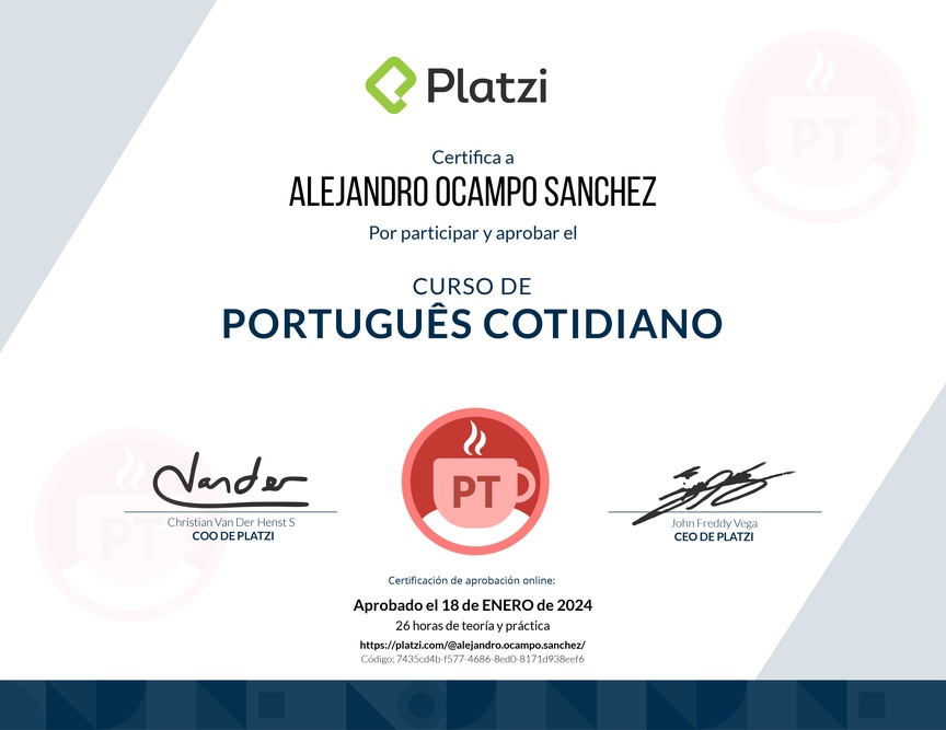 Diploma del Curso de Portugués Cotidiano para Principiantes
