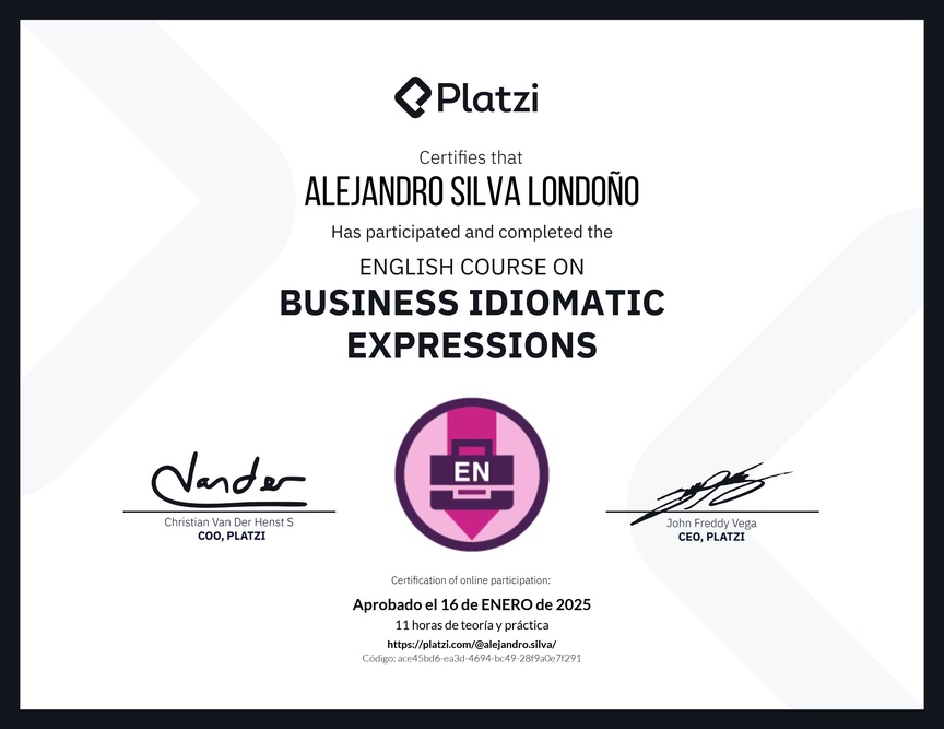 Diploma del Curso de Expresiones Idiomáticas de Negocios en Inglés