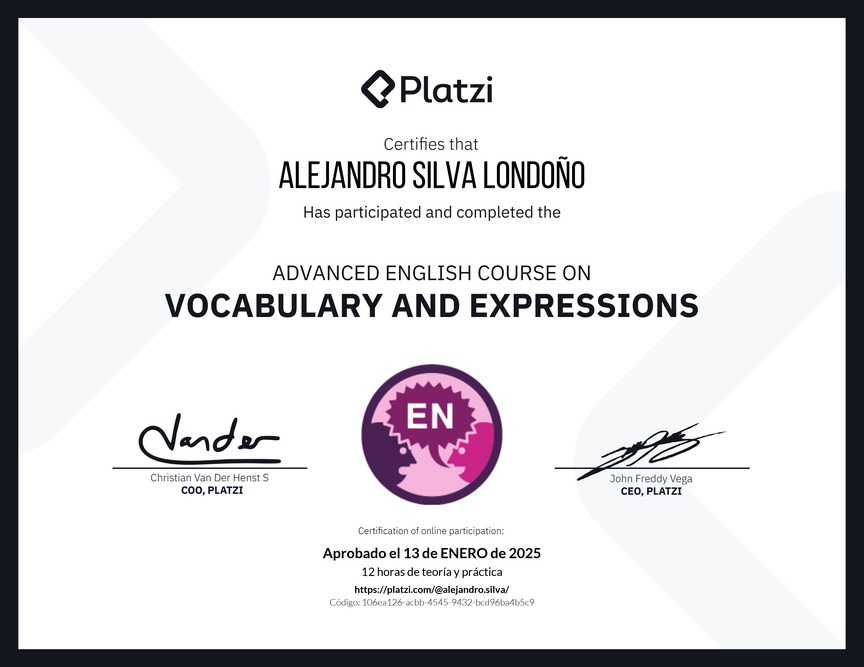 Diploma del Curso Avanzado de Vocabulario y Expresiones en Inglés