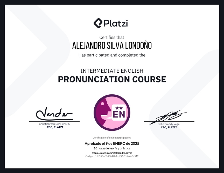 Diploma del Curso Intermedio de Pronunciación en Inglés