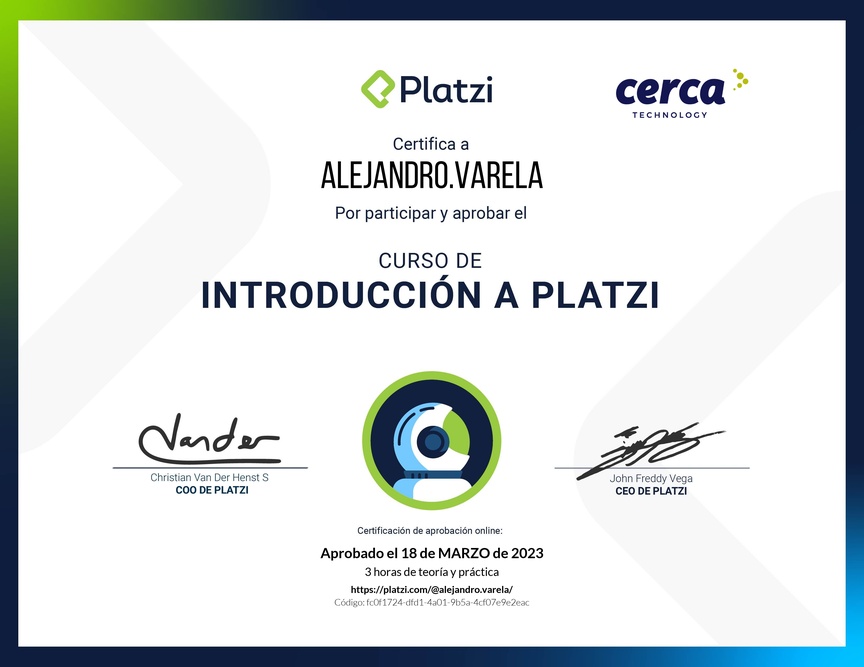 Diploma del Curso de Introducción a Platzi 🇨🇱