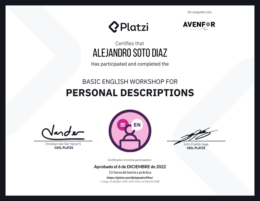 Diploma del Curso de Inglés Práctico para Descripciones Personales (2020=