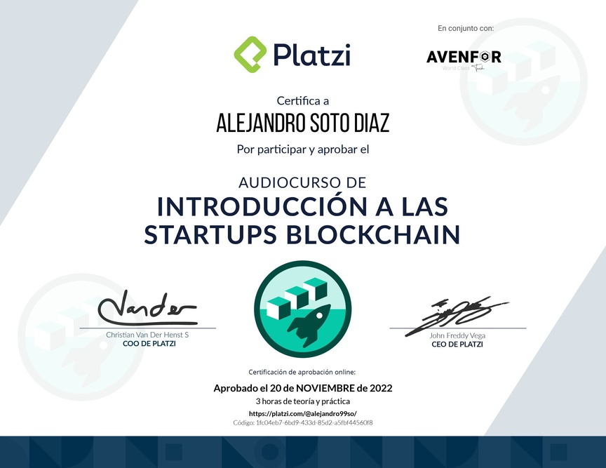 Diploma de Audiocurso de Introducción a las Startups Blockchain