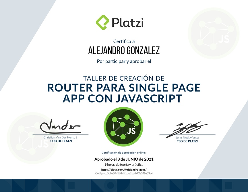 Diploma de Taller de Creación de Router para Single Page App con JavaScript