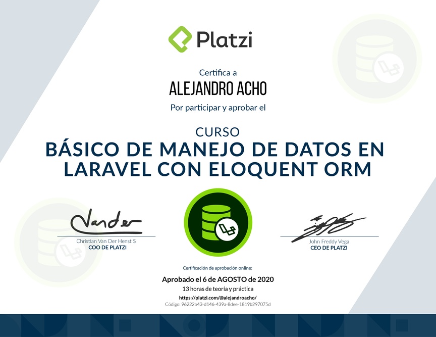 Diploma del Curso Básico de Manejo de Datos en Laravel con Eloquent ORM