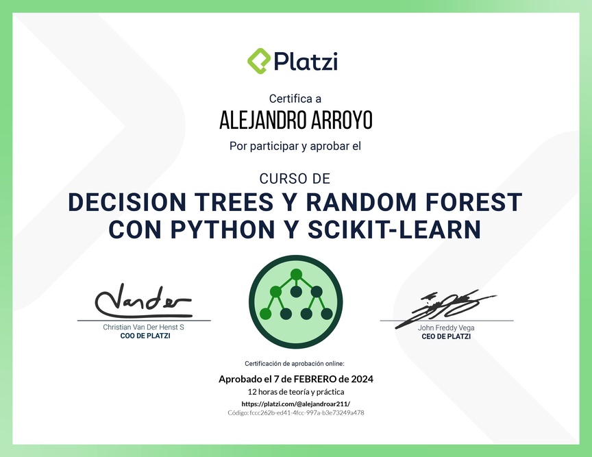 Diploma del Curso de Decision Trees y Random Forest con Python y scikit-learn