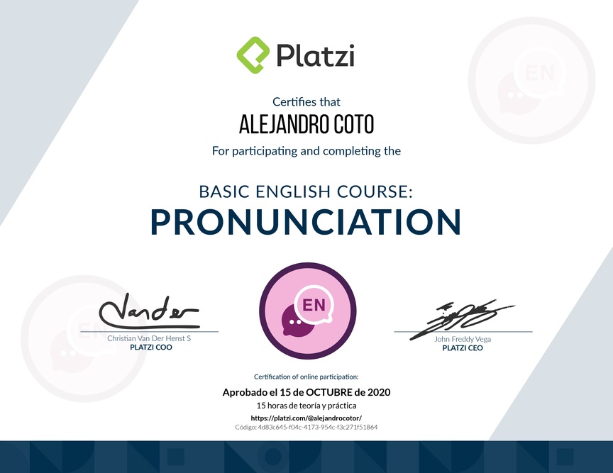Diploma del Curso de pronunciación básica en Inglés 2020
