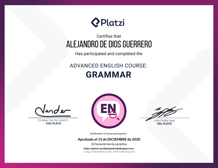 Diploma del Curso Avanzado de Gramática en Inglés (2020)
