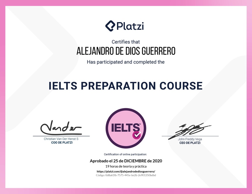 Diploma del Curso de Inglés para Preparación de IELTS (2020)