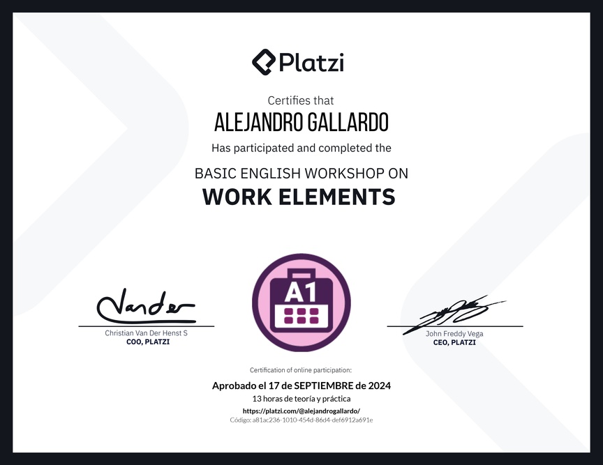 Diploma del Curso de Inglés Práctico sobre Elementos de Trabajo