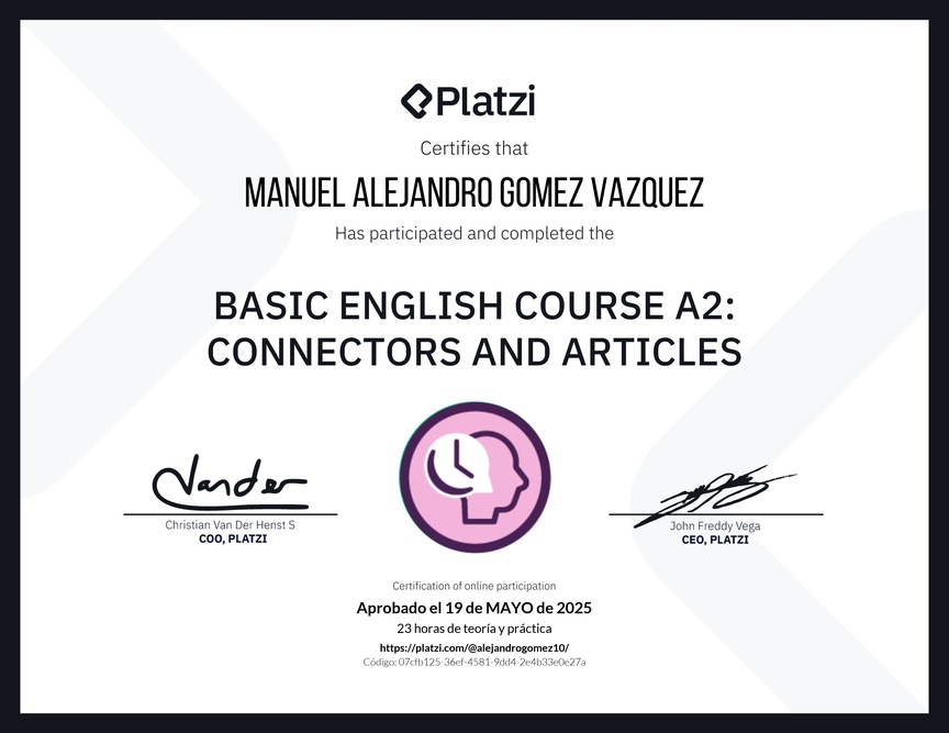 Diploma del Curso de Inglés Básico A2: Conectores y Artículos