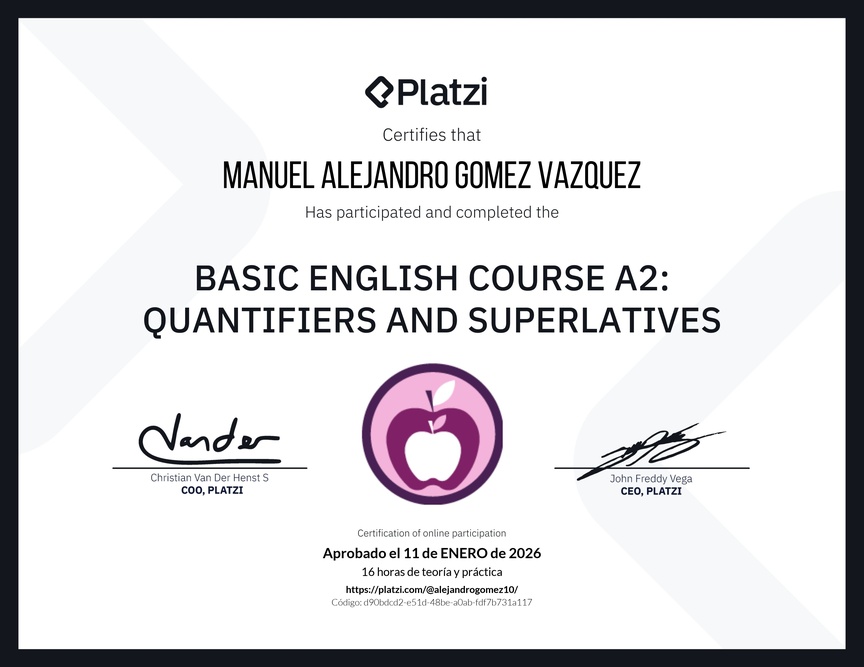 Diploma del Curso de Inglés Básico A2: Cuantificadores y Superlativos