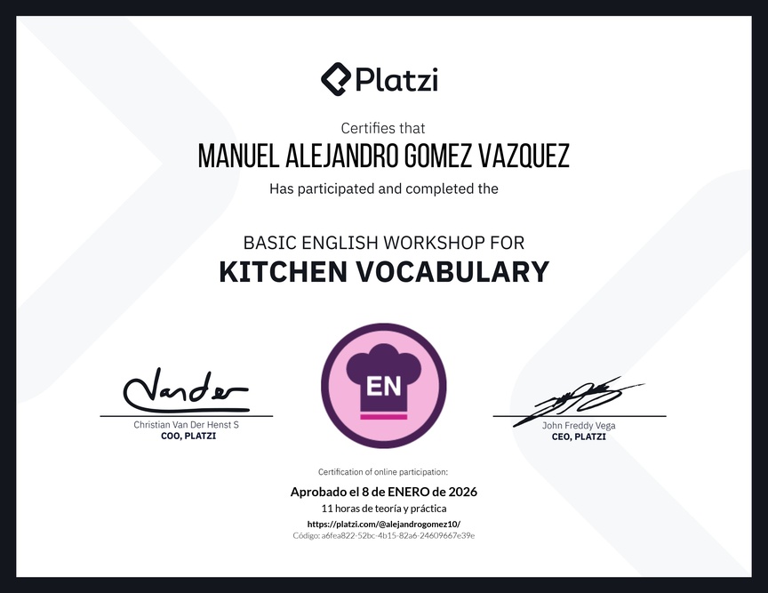 Diploma del Curso de Inglés Práctico sobre Vocabulario de Cocina