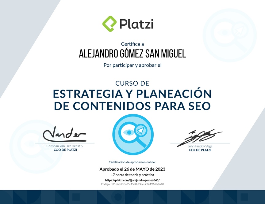 Diploma del Curso de Estrategia y Planeación de Contenidos para SEO (2020)