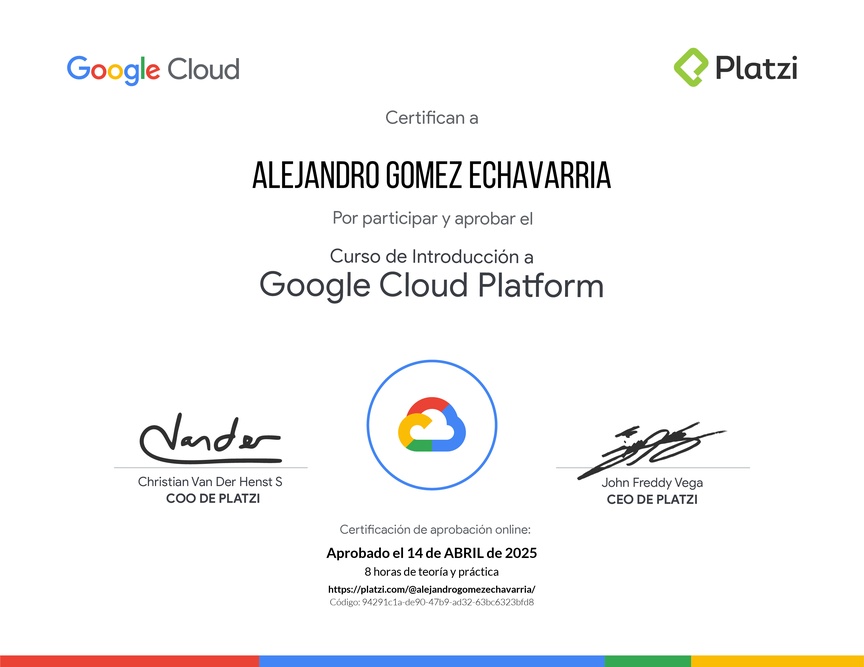 Diploma del Curso de Introducción a Google Cloud Platform