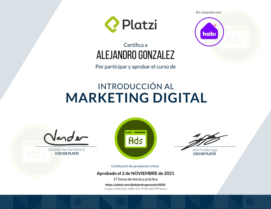 Diploma del Curso de Introducción al Marketing Digital (2018)