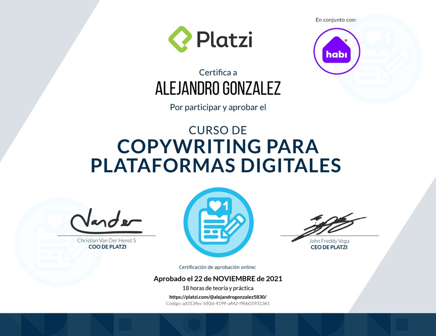 Diploma del Curso de Copywriting para Plataformas Digitales