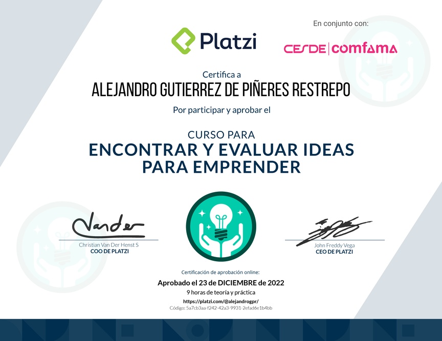 Diploma del Curso para Encontrar y Evaluar Ideas para Emprender