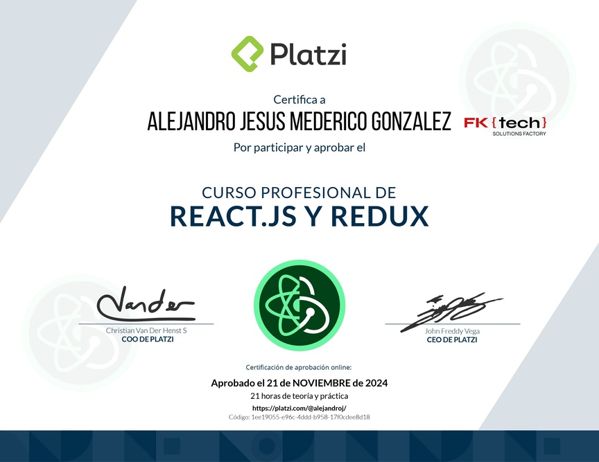 Diploma del Curso Profesional de React.js y Redux