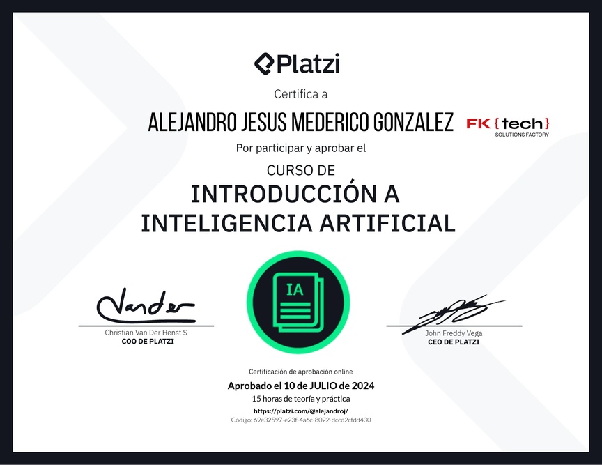 Diploma del Curso de Introducción a Inteligencia Artificial (2023)